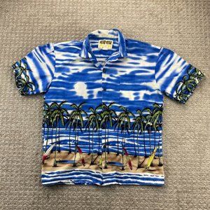 Hawaiian Shirt HONU Turtle Men Large Blue White Button Up Palm Trees Surf Boards